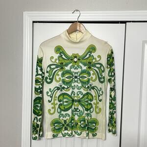 Vintage Jane Colby Top Womens Large Green Floral Mock Neck Zip Jersey 60s 70s